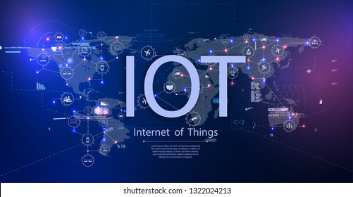 Internet of things (IoT) and networking concept for connected devices. Spider web of network connections with on a futuristic blue background.