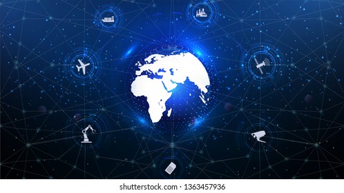 Internet of things (IoT) and networking concept for connected devices. Spider web of network connections with on a futuristic space blue background. Smart city wireless communication network IoT ICT.