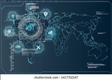 Internet of things (IoT) and networking concept for connected devices. Spider web of network connections with on a futuristic blue background
