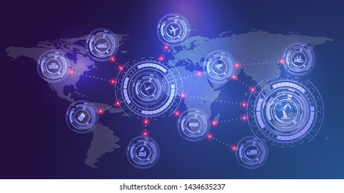 Internet of things (IoT) and networking concept for connected devices. Spider web of network connections with on a futuristic blue background. Innovation sign. Digital design. Landing page template