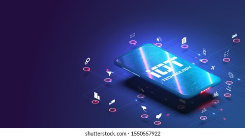 Internet of things (IoT) and networking concept for connected devices. Smartphone network communications with things and objects. Monitoring and control by smartphone.Blue technology background.Vector