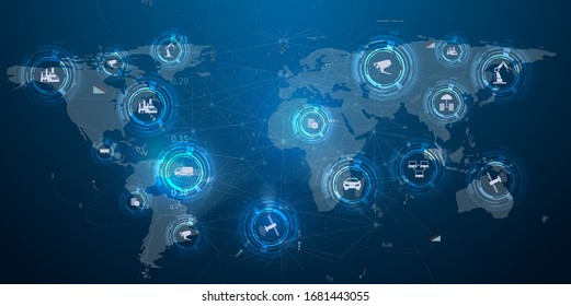 Internet of things (IoT) and networking concept for connected devices. Spider web of network connections with on a futuristic blue background. Information technology. Mobile connection, communication 
