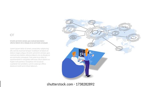 Internet of things (IoT) and networking concept for connected devices. digital circuit board above the planet Earth.  Smart city wireless communication network IOT ICT.  Vector Illustration.