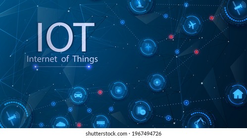 Internet of things (IoT) and networking concept for connected devices. Spider web of network connections with on a futuristic blue background. Wireless connections of information technology. Vector