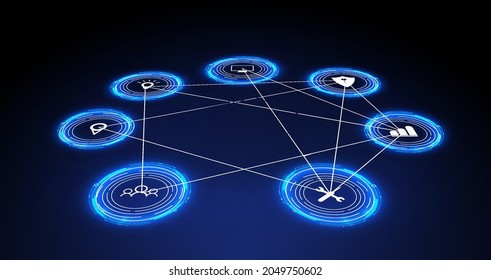 Internet of things (IoT) and networking concept for connected devices. Spider web of network connections with on a futuristic blue background. Digital design concept. IoT hologram