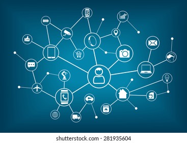 Internet Of Things (IoT) And Networking Concept For Connected Devices. Spider Web Of Network Connections With Blurred Blue Background