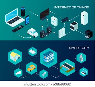 Internet de cosas sin y ciudad inteligente 2 banderas horizontales isométricas conjunto fondo oscuro ilustración vectorial aislada