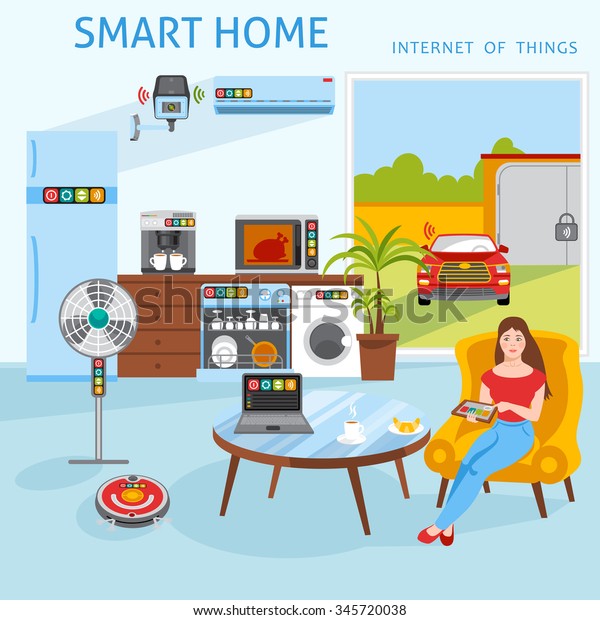 Internet\
of things iot smart home concept poster with household control\
tablet touch screen abstract vector\
illustration
