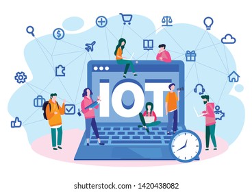 Internet of things, IOT, technologies are helping people, IoT in computer, Innovative contemporary smart industry, people using IoT, Cloud storage communication with computer, vector illustration.