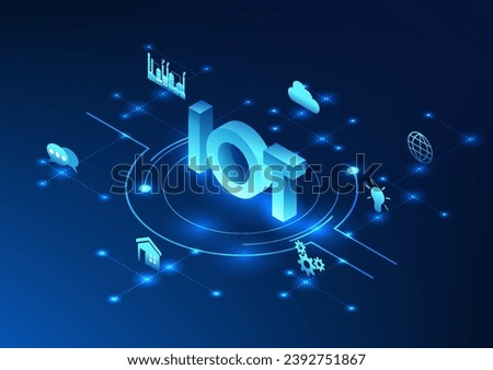 Internet of Things IoT technology lies in the field of connected technology. The direct connection of electronic devices connects to the internet signal. Isometric vector illustration.