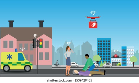 Internet of Things (IoT) Use Case, enabling efficient first aid, defibrillator by droner, ambulance traffic optimization, hospital alert. Vector Illustration. 