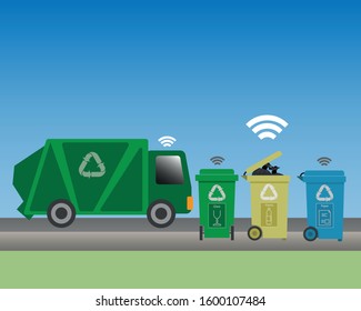 Internet of Things, IoT, Use Case for recycling. The garbage level in the trash can is monitored and is emptied when full. Vector Illustration