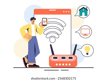 Internet of Things IoT Vector Illustration featuring Technology, Smart Connection and Control Devices in a Network for Industrial with Internet Access