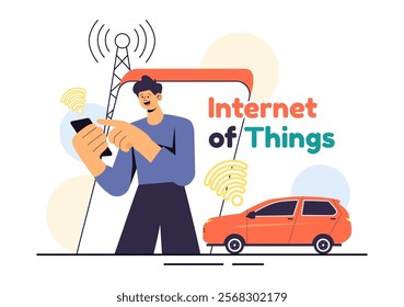 Internet of Things IoT Vector Illustration featuring Technology, Smart Connection and Control Devices in a Network for Industrial with Internet Access