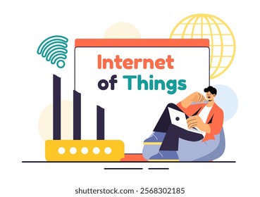 Internet of Things IoT Vector Illustration featuring Technology, Smart Connection and Control Devices in a Network for Industrial with Internet Access