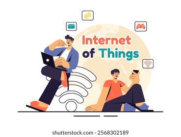 Internet of Things IoT Vector Illustration featuring Technology, Smart Connection and Control Devices in a Network for Industrial with Internet Access