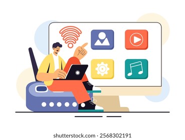 Internet of Things IoT Vector Illustration featuring Technology, Smart Connection and Control Devices in a Network for Industrial with Internet Access