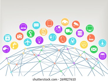 Internet of things (Iot) vector illustration background.Icons / symbols for various connected devices with wireframe of world and colorful intersections within the network.