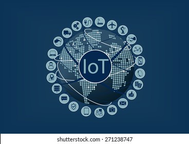 Internet of Things (IoT) word and icons with globe and world map