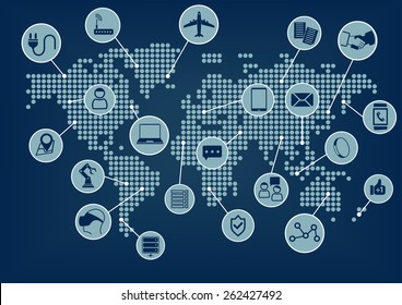 Internet of things (IoT) world map with various connected devices such as smart phone, smart watch, sensors, notebook, glasses, airplanes, robots