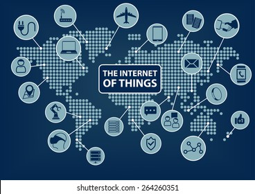 Internet of things (IoT) world map with various connected devices such as smart phone, smart watch, sensors, notebook, glasses, airplanes, robots