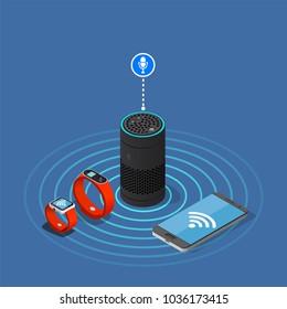 Internet of things isometric composition on blue background with assistant speaker, smartphone, watch and tracker vector illustration