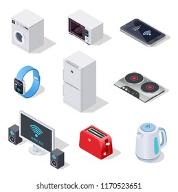 Internet things isometric icons. Household appliances. Wireless electronic devices vector 3d isolated set. Illustration of wireless household isometric, microwave and fridge, washer control