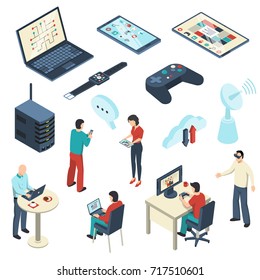 Internet of things isometric set including persons with electronic devices, cloud storage, satellite dish isolated vector illustration  