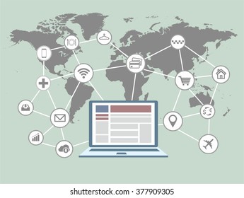 Internet of things and laptop computing concept. Network of connected mobile devices such as smart phone, tablet, thermostat or smart home. Illustration of network with hand holding tablet.