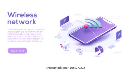 Internet of things layout. IOT online synchronization and connection via smartphone wireless technology. Smart home concept with isometric icons and symbols. Vector illustration.