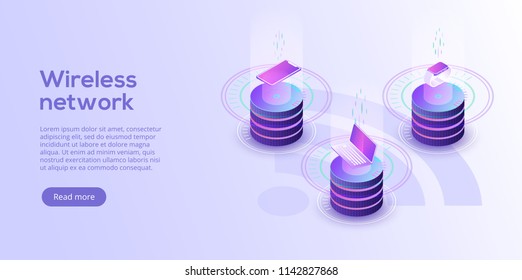 Internet of things layout. IOT online synchronization and connection via smartphone wireless technology. Smart home concept with isometric icons and symbols. Vector illustration.