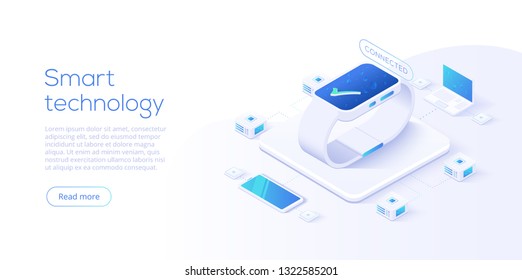 Internet der Dinge Layout. IOT-Online-Synchronisierung und -Verbindung über drahtlose Smartphone-Technologie. Intelligentes Technologiekonzept mit isometrischen Symbolen und Symbolen.Vektorgrafik.