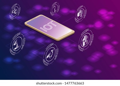 Internet of things layout. IOT online synchronization and connection via smartphone wireless technology. Smart home concept with isometric icons and symbols. Vector illustration.