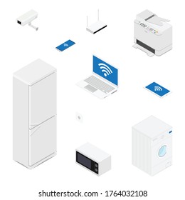 Internet de la disposición de las cosas. Sincronización y conexión en línea IOT a través de la tecnología inalámbrica de smartphone. Concepto inteligente con iconos y símbolos isométricos. Vector