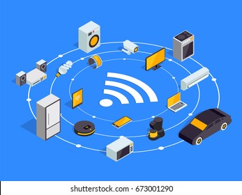 Internet Of Things Layout. IOT Online Synchronization And Connection Via Smartphone Wireless Technology. Smart Home Concept With Isometric Icons Of Home Appliances.