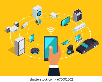 Internet of things layout. IOT online synchronization and connection via smartphone wireless technology. Smart home concept with isometric icons of home appliances.