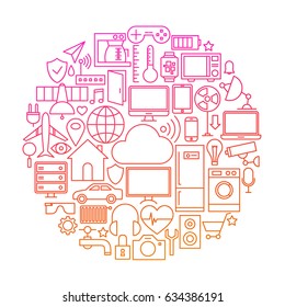 Internet of Things Line Icon Circle. Vector Illustration of Smart Home Technology Objects.