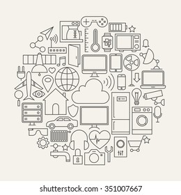 Internet Of Things Line Icons Set Circle Shape. Vector Illustration Of Smart Home Technology Modern Objects.