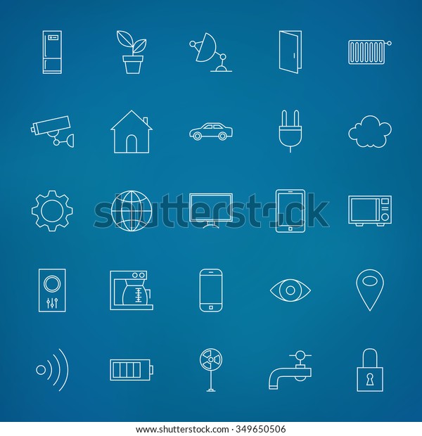 Internet of things Line Icons Set over\
Blurred Background. Vector Set of Modern Technology Thin Line Icons\
for Web and Mobile over Blue\
Background.