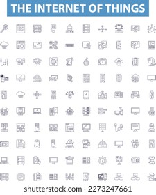 Das Internet der Dinge Linie Symbole, Zeichen gesetzt. IoT, Sensoren, Konnektivität, Automatisierung, Wireless, BigData, Smartphones, Geräte, Rahmenvektorillustrationen.