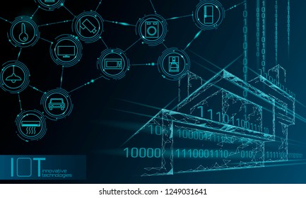 Internet of things low poly smart city 3D wire mesh. Intelligent building automation IOT concept. Modern wireless online control icon urban cityscape technology banner vector illustration