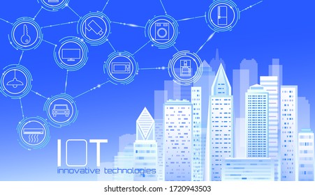 Internet of things low poly smart city 3D wire mesh. Intelligent building automation IOT concept. Modern wireless online control icon urban cityscape technology banner vector illustration