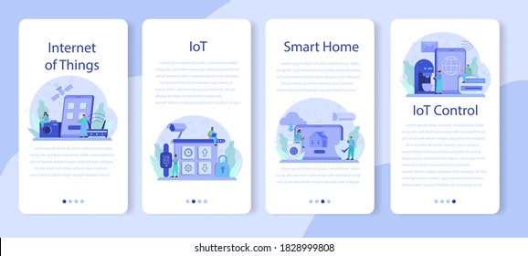 Juego de banners para aplicaciones móviles de Internet de las cosas. Idea de nube, tecnología y hogar. Tecnología global moderna. Conexión entre dispositivos y equipos domésticos. Ilustración vectorial plana aislada