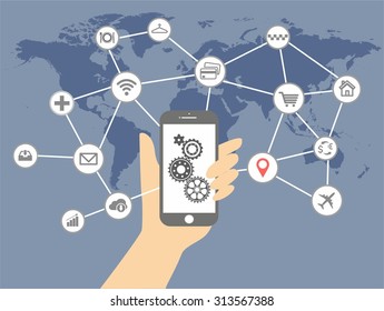 Internet of things and mobile computing concept. Network of connected mobile devices such as smart phone, tablet, thermostat or smart home. Illustration of network with hand holding tablet.