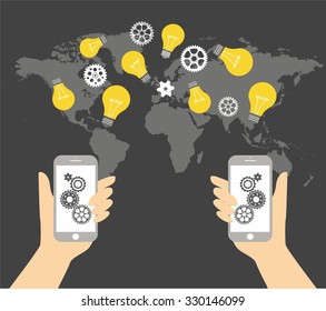 Internet of things and mobile connecting ideas concept. Network of connected mobile devices such as smart phone, tablet, thermostat or smart home. Illustration of network with hand holding tablet.