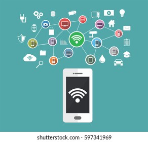  Internet Of Things And Mobile Devices. Mobile Phone Computing Concept