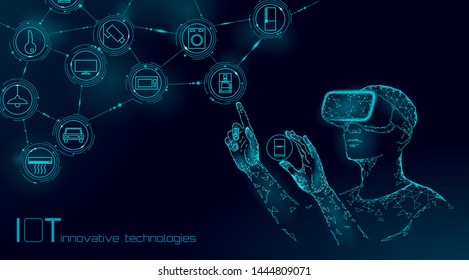 Internet of things modern operation by vr glasses innovation technology concept. Wireless communication augmented reality network IOT ICT. Home intelligent system automation vector illustration