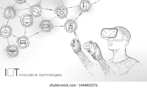 Internet of things modern operation by vr glasses innovation technology concept. Wireless communication augmented reality network IOT ICT. Home intelligent system automation vector illustration