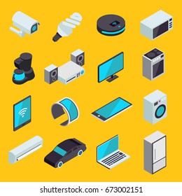 Internet of things modern set of isometric vector icons. IOT or smart home online synchronization and connection technology symbols. Wireless devices and appliances.