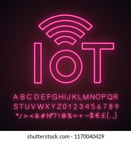 Internet of things neon light icon. IoT signal. Artificial intelligence. Glowing sign with alphabet, numbers and symbols. Vector isolated illustration